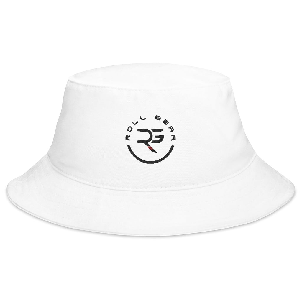 Roll Gear white 100% cotton twill bucket hat with embroidered logo. Classic fit, breathable.