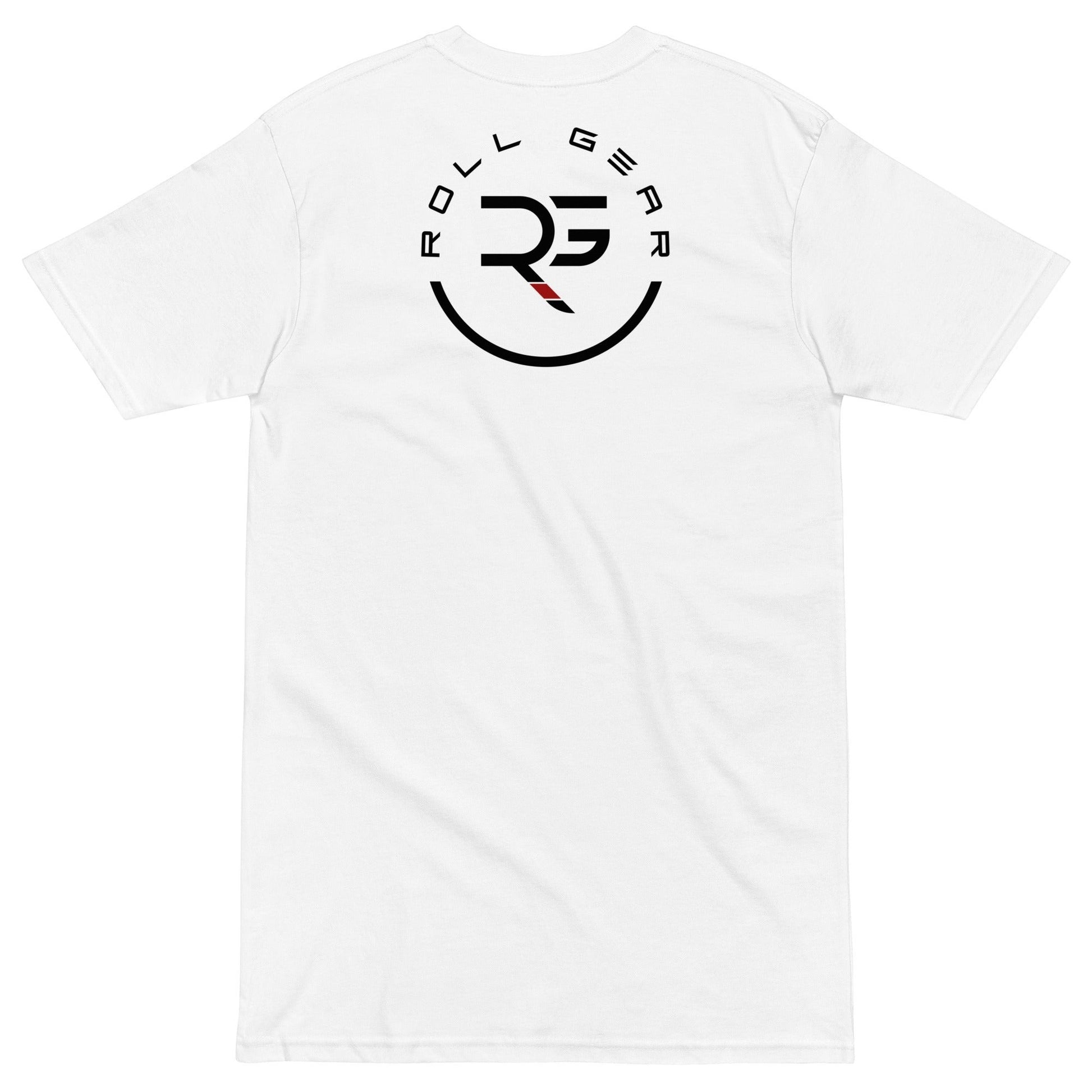 Roll Gear white 100% cotton heavyweight t-shirt with circular logo graphic on back.