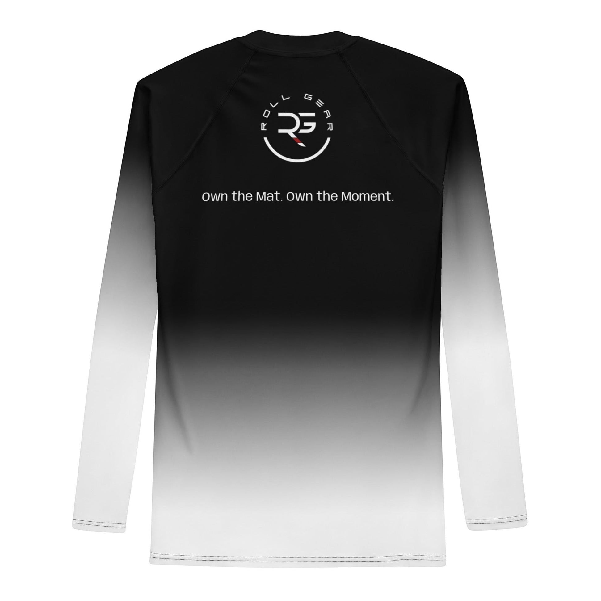 Roll Gear men's white and black long sleeve rash guard with fade design and logo. Athletic fit.