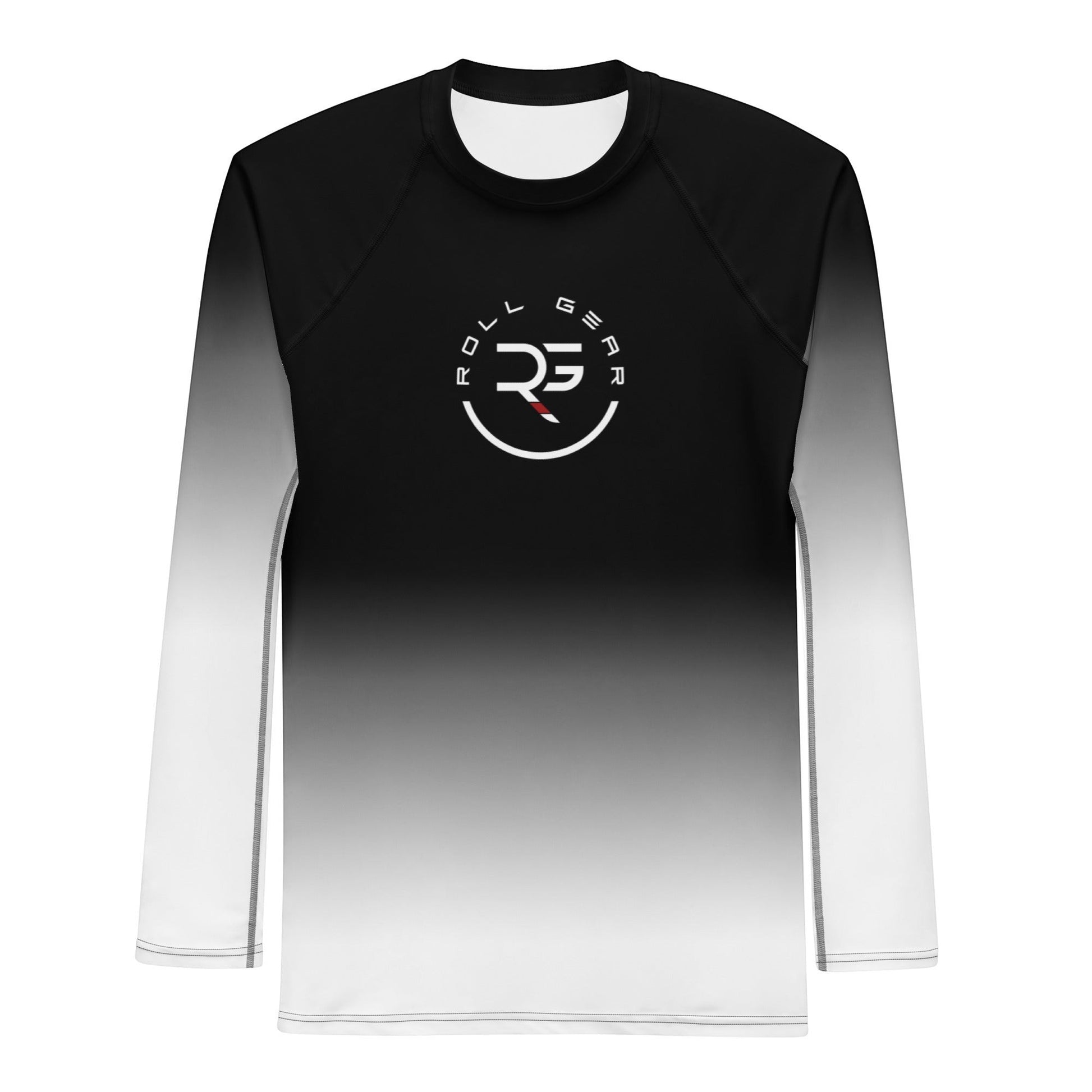 Roll Gear men's white and black long sleeve rash guard with gradient fade and logo. Moisture-wicking, athletic fit.