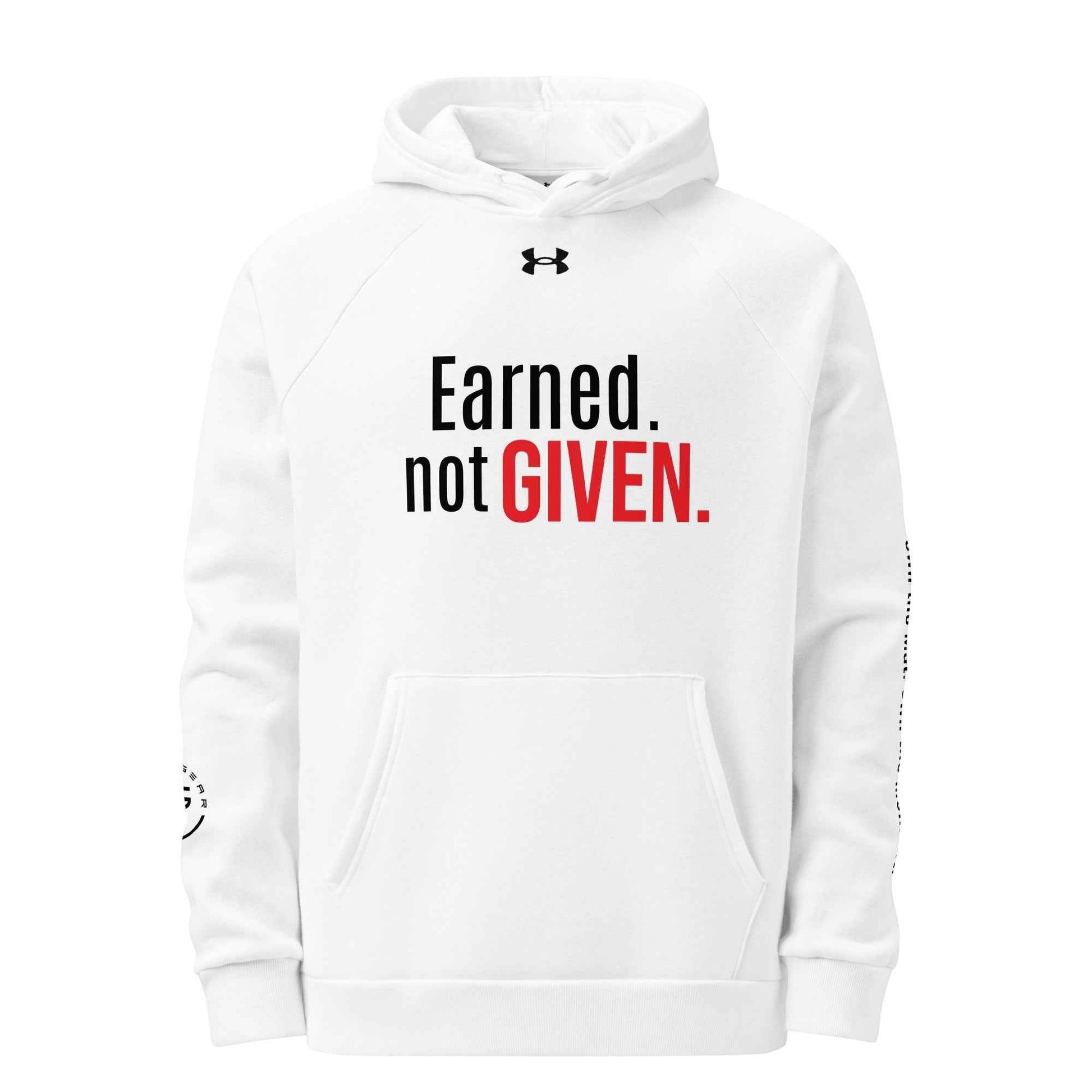 Roll Gear white cotton-poly blend hoodie with "Earned. not GIVEN." graphic and Under Armour logo.