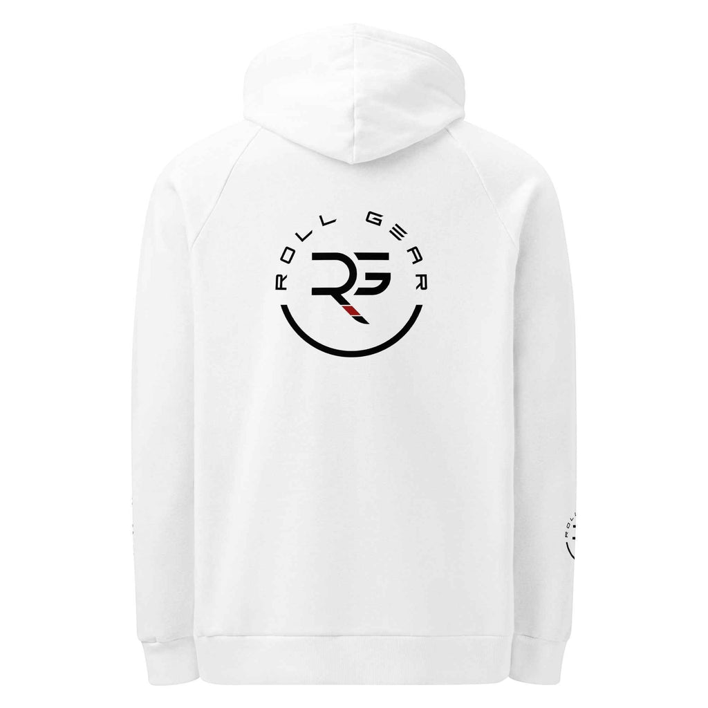 Roll Gear white cotton-poly blend hoodie with front and sleeve logo prints, unisex fit.