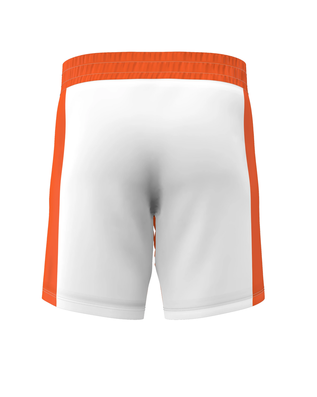 Roll Gear white athletic performance shorts with orange side panels and elastic waistband.