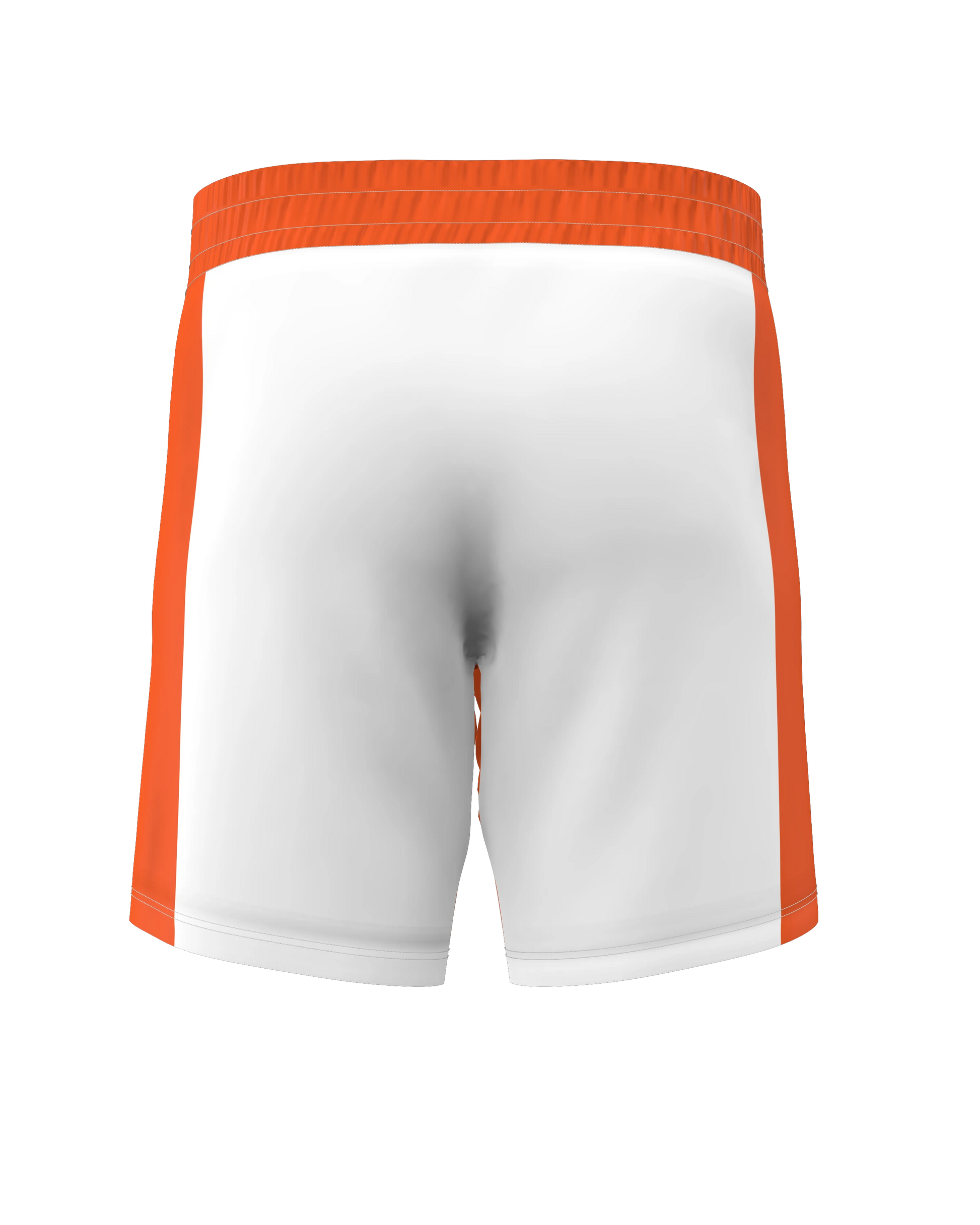 Roll Gear white athletic performance shorts with orange side panels and elastic waistband.