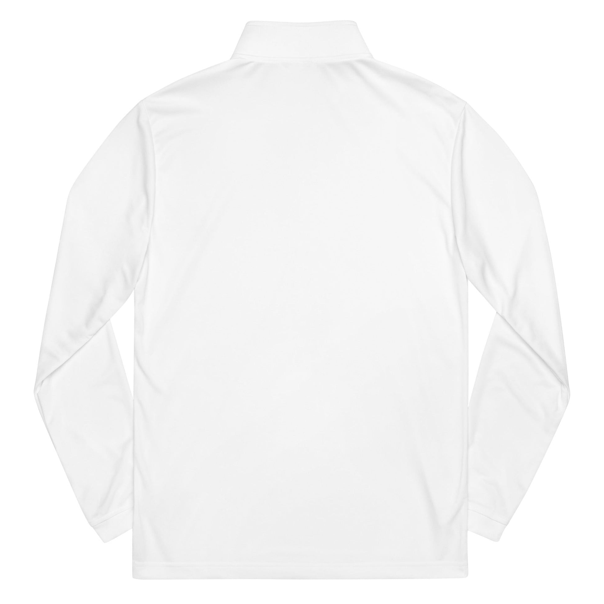 Roll Gear white polyester quarter zip pullover with long sleeves and a stand-up collar.