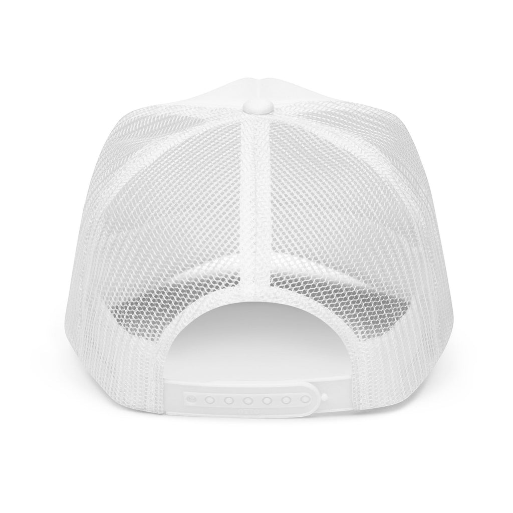 Roll Gear white mesh trucker hat with adjustable snapback closure. Classic 6-panel style.