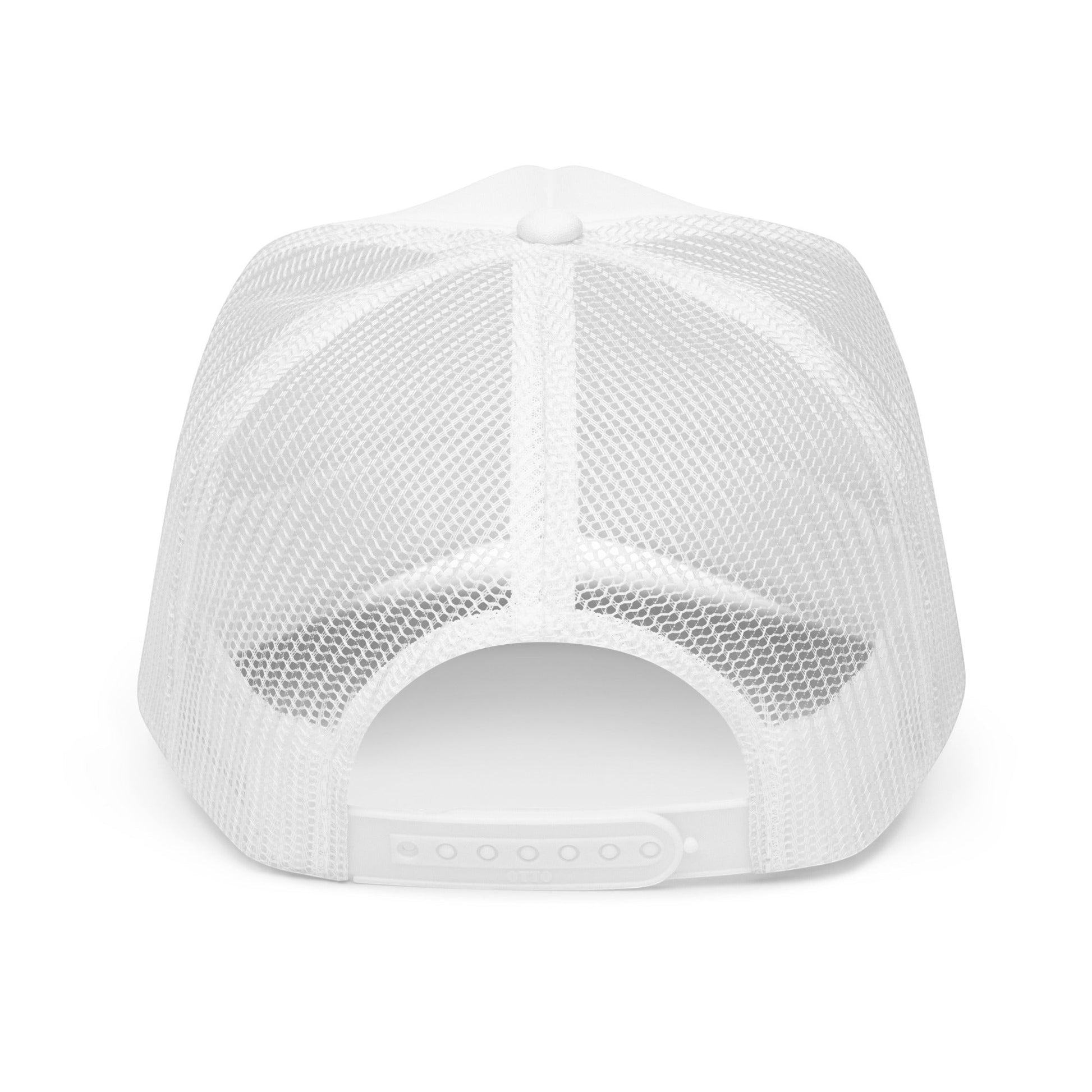 Roll Gear white mesh trucker hat with adjustable snapback closure. Classic 6-panel style.