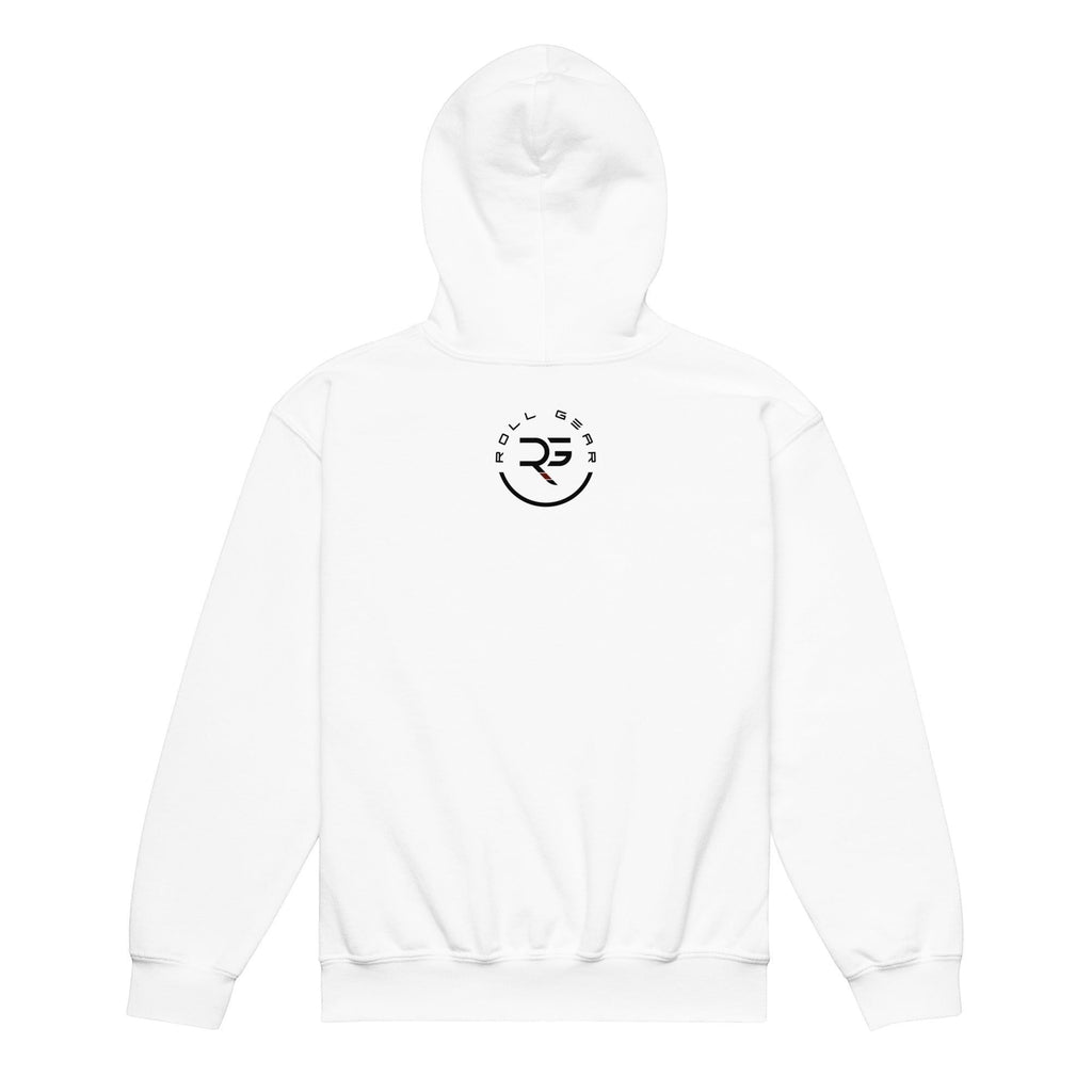 Roll Gear white youth heavyweight hoodie with a black circular logo and text on the back.