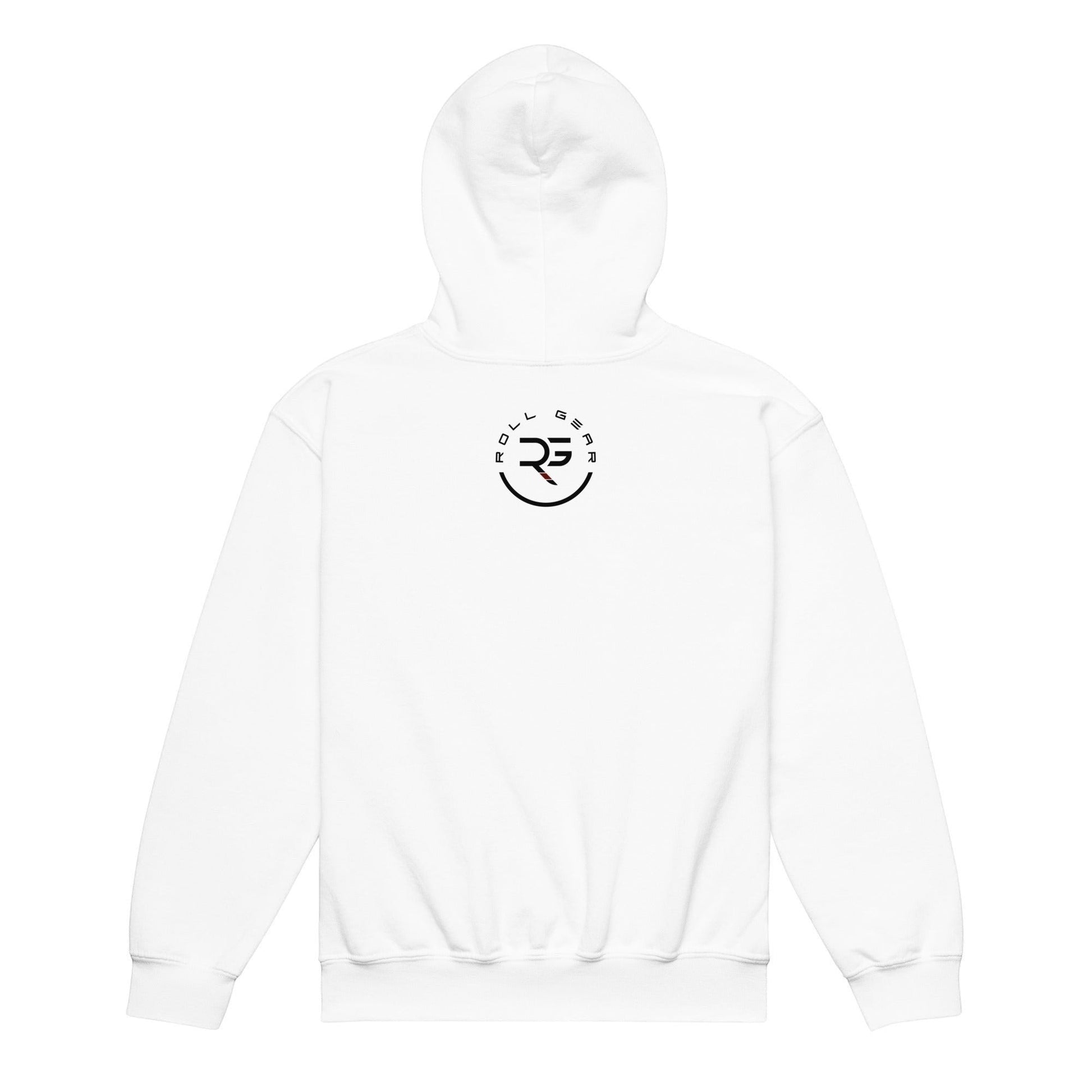 Roll Gear white youth heavyweight hoodie with a black circular logo and text on the back.