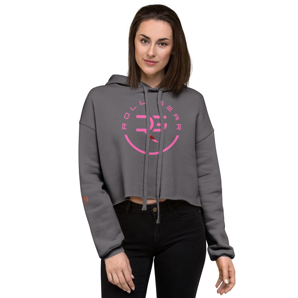 Roll Gear women's dark grey cropped hoodie with pink logo on chest and pink text on sleeve.