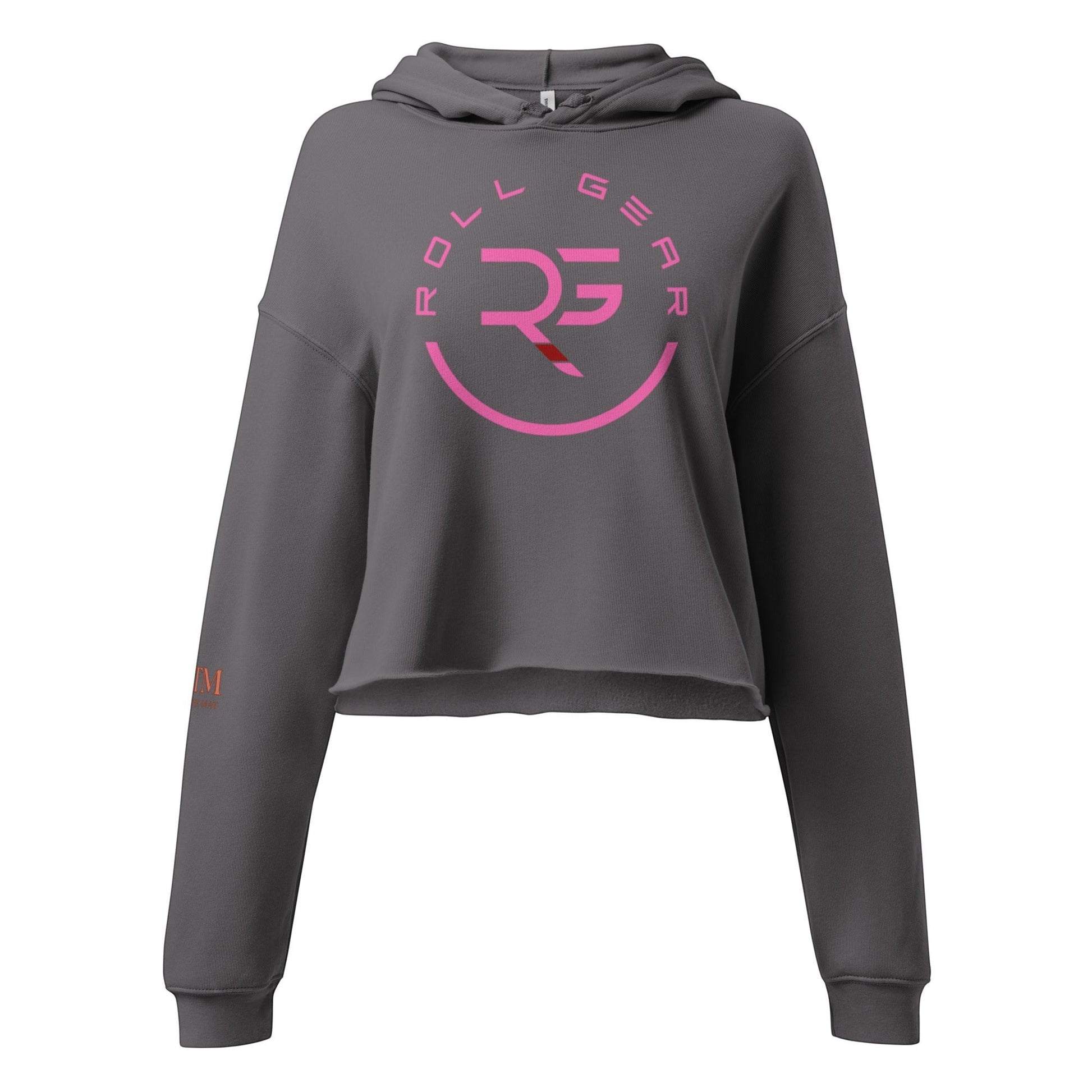 Roll Gear women's cropped grey hoodie with pink logo on chest and sleeve detail. Made from soft fleece.