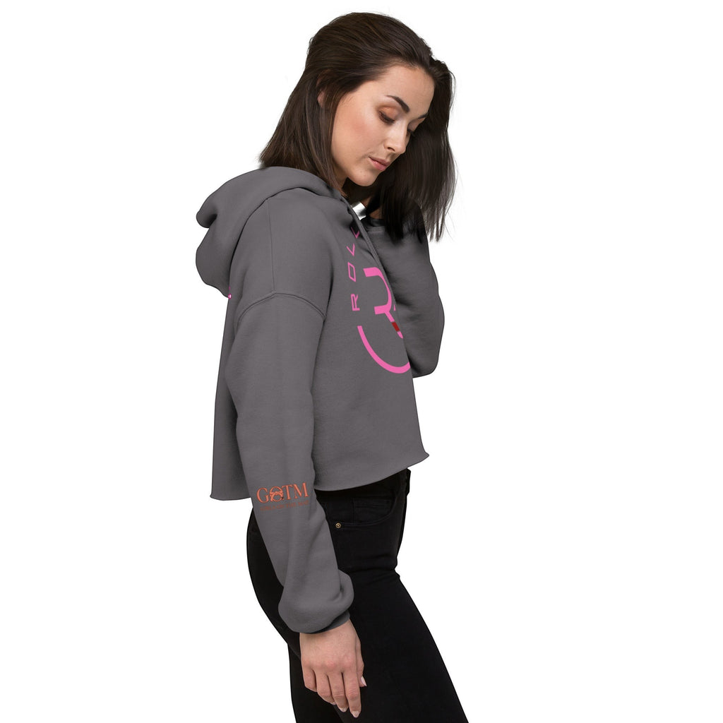 Roll Gear women's cropped grey hoodie with pink logo on back and sleeve. Soft fleece interior.