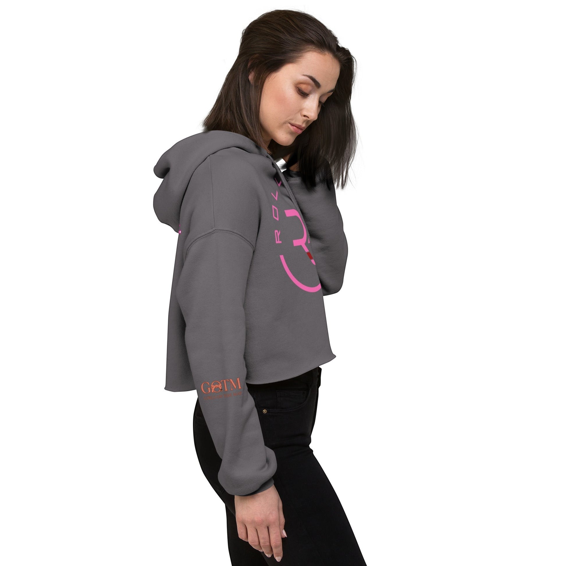 Roll Gear women's cropped grey hoodie with pink logo on back and sleeve. Soft fleece interior.