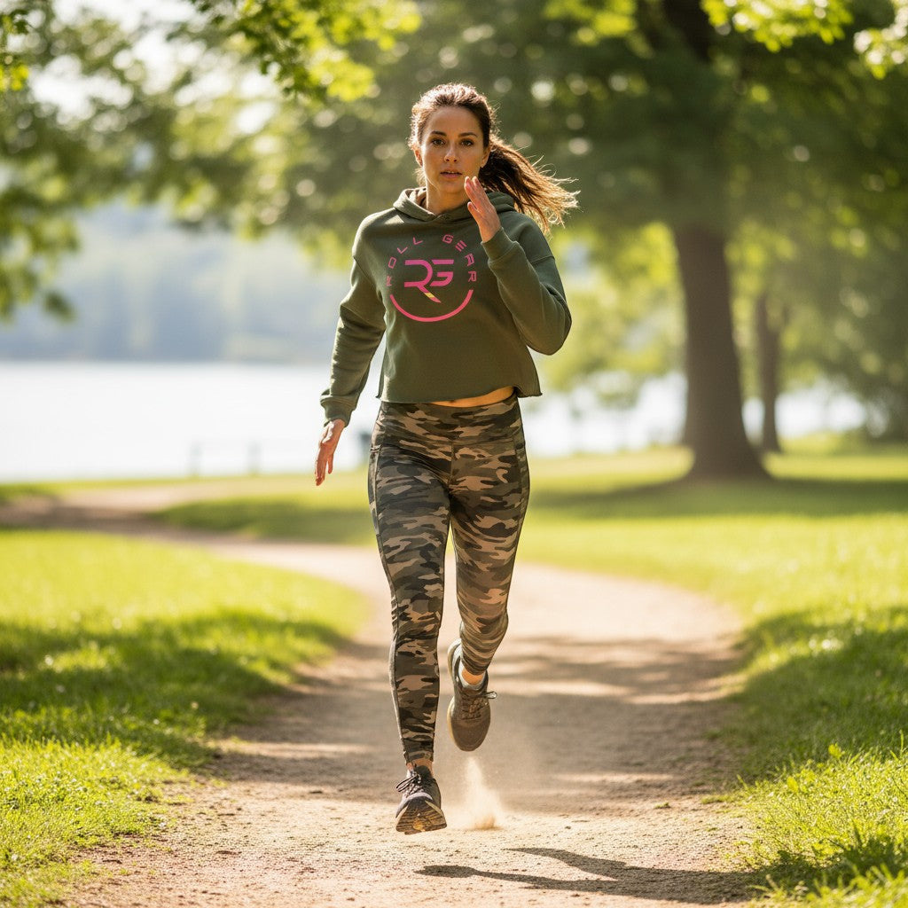 Roll Gear women's olive green cropped hoodie with pink logo, worn while running in a park.