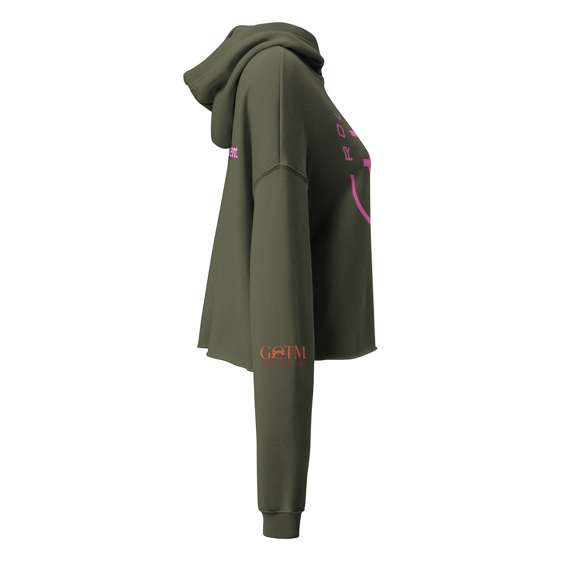Roll Gear women's cropped olive green hoodie with pink graphic details on sleeve and back.