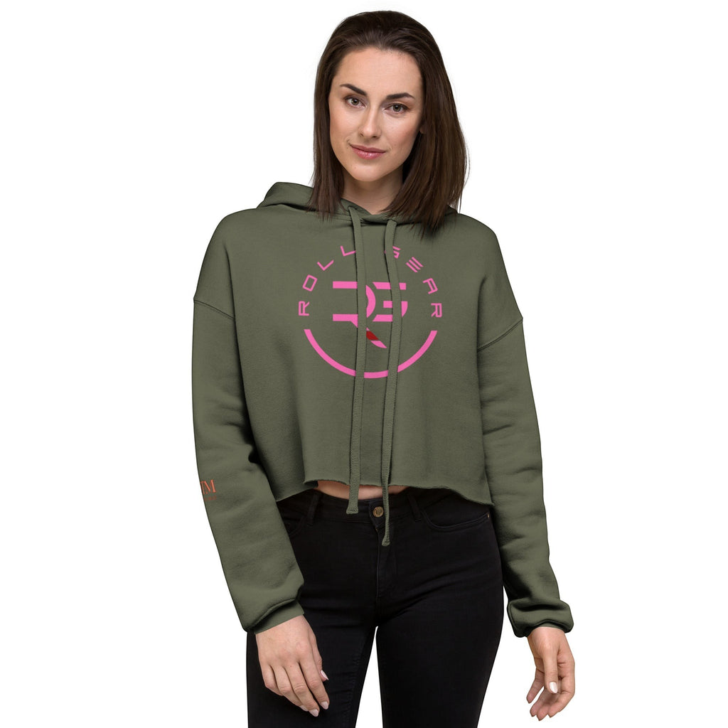 Roll Gear women's olive green cropped hoodie with pink logo on chest and sleeve. Casual wear.