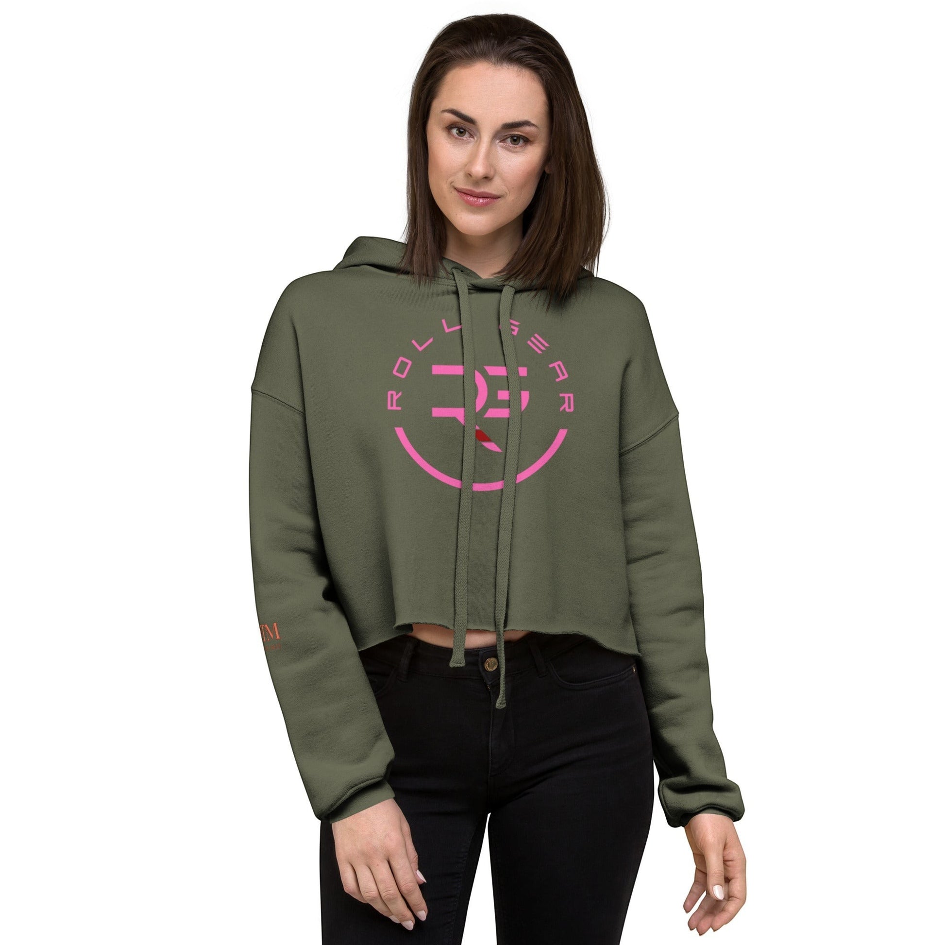 Roll Gear women's olive green cropped hoodie with pink logo on chest and sleeve. Casual wear.