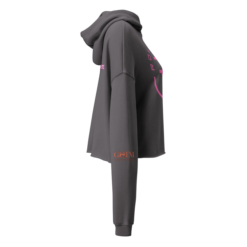 Roll Gear women's dark grey cropped hoodie with pink graphic details and logo on sleeve.