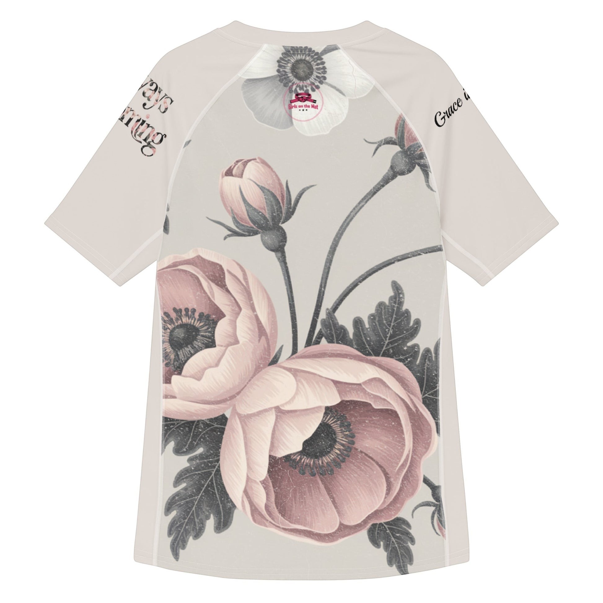 Roll Gear women's short sleeve rash guard with a vintage floral print in pink and grey. Features UPF 50+ protection.