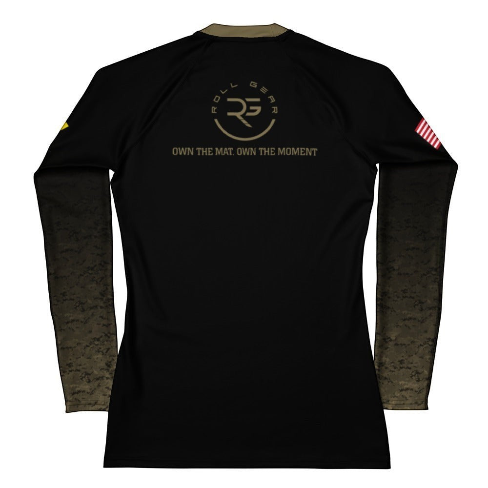 Roll Gear Women's black long sleeve rash guard with faded gold sleeves and USMC emblem. Compression fit.