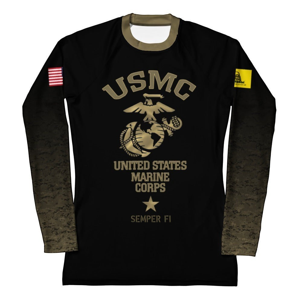 Roll Gear Women’s black long sleeve rash guard with faded gold sleeves and USMC emblem. Made from recycled polyester and elastane.