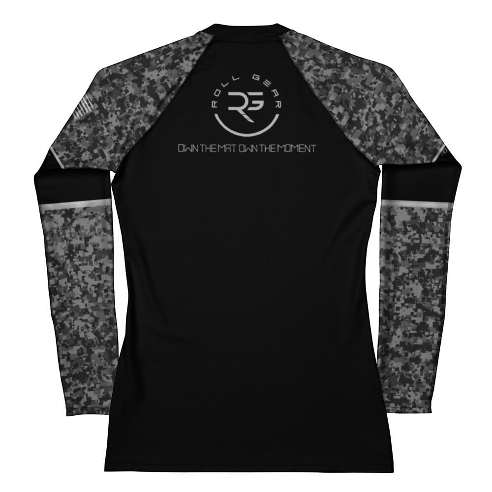 Roll Gear women's long sleeve rash guard in black with urban camo sleeves and tactical graphics. Compression fit.