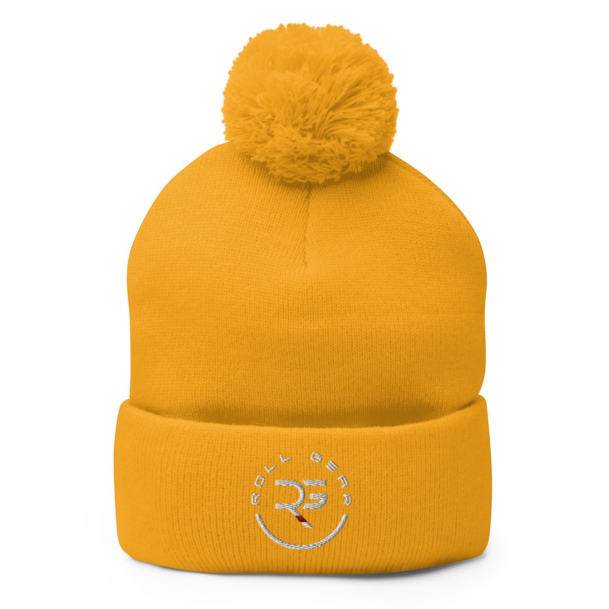Roll Gear yellow acrylic pom pom beanie hat with embroidered logo on cuff