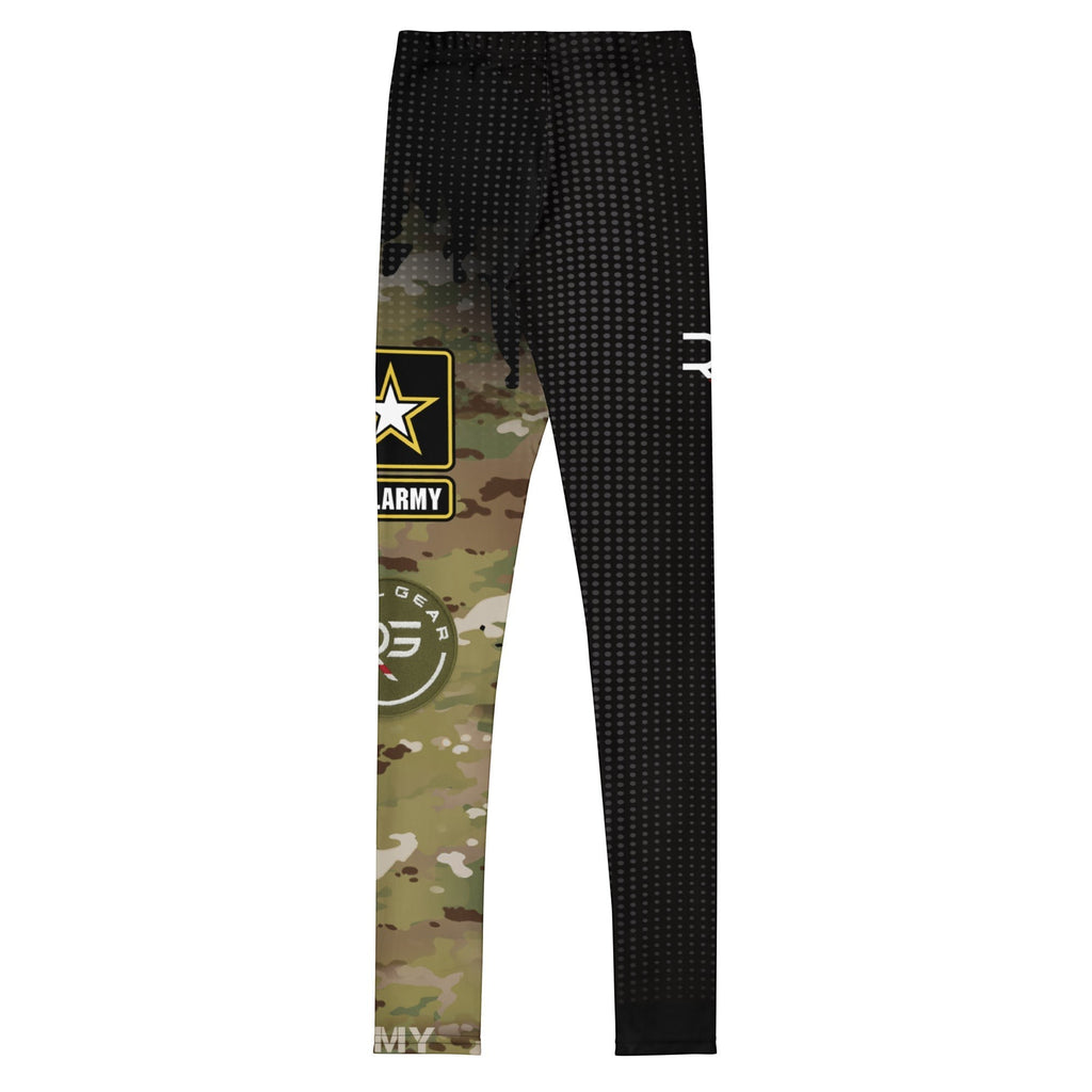 Roll Gear Youth Army Compression Spats in black camo with Army graphics. Split design with tactical black and military camo.