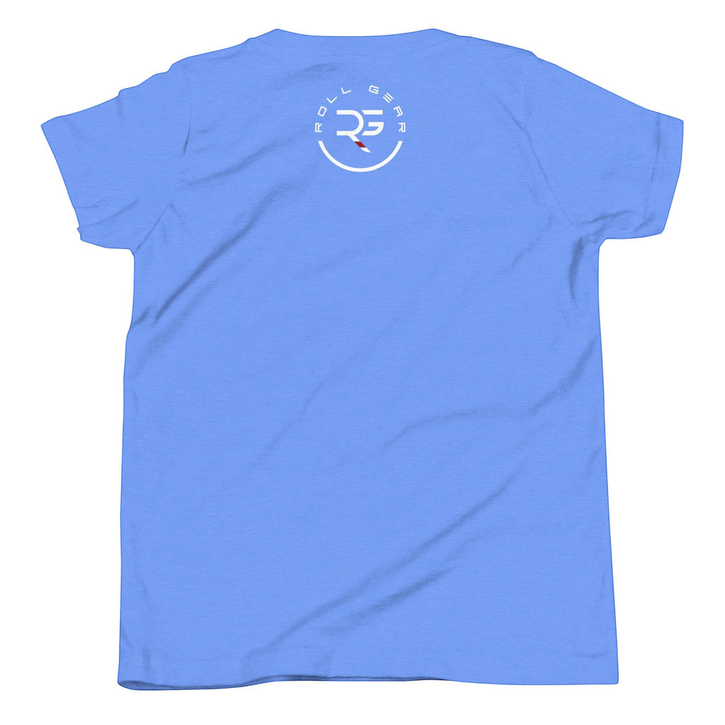 Roll Gear LLC youth athletic t-shirt in light blue with a circular logo on the back.