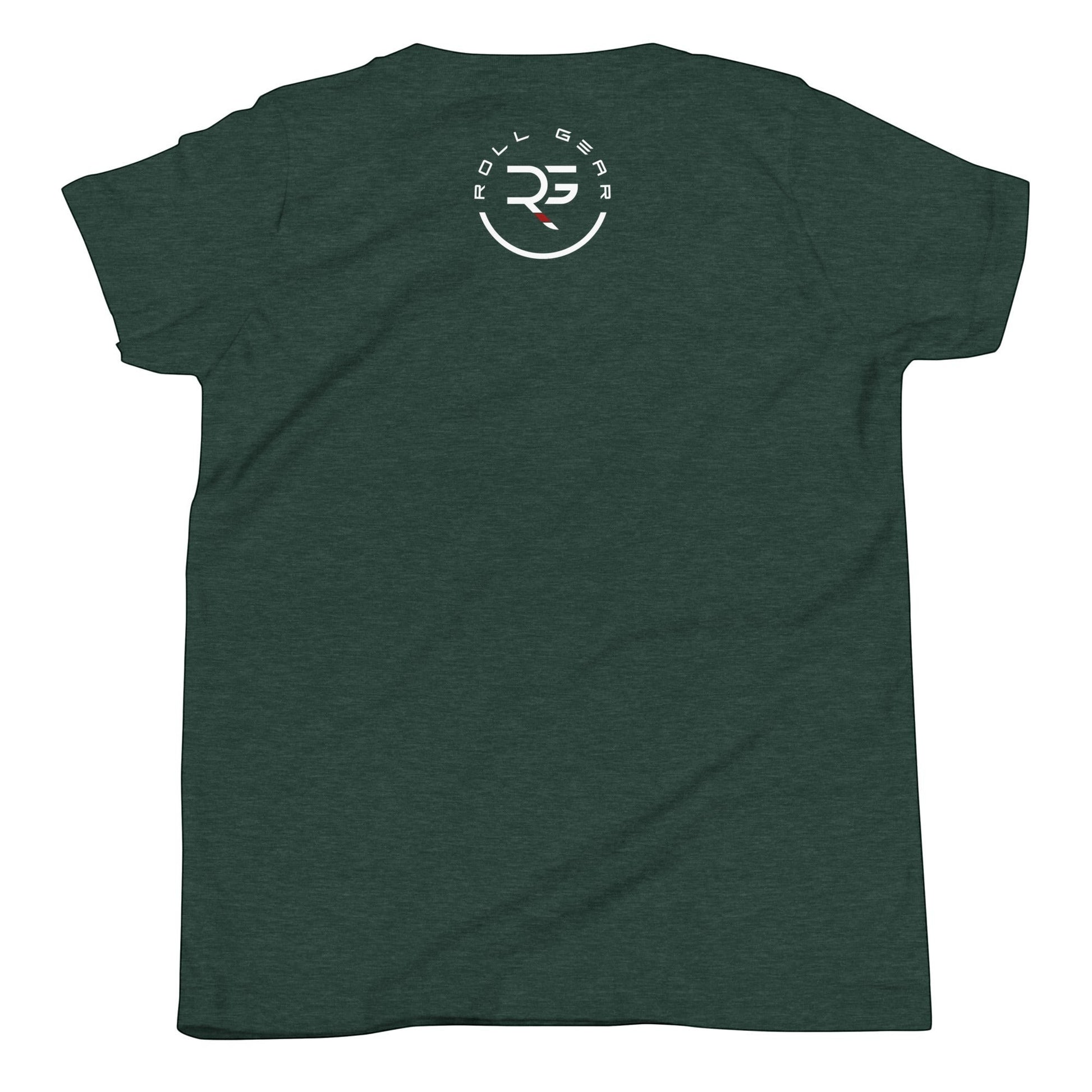 Roll Gear LLC youth athletic t-shirt in dark green with circular logo on back.