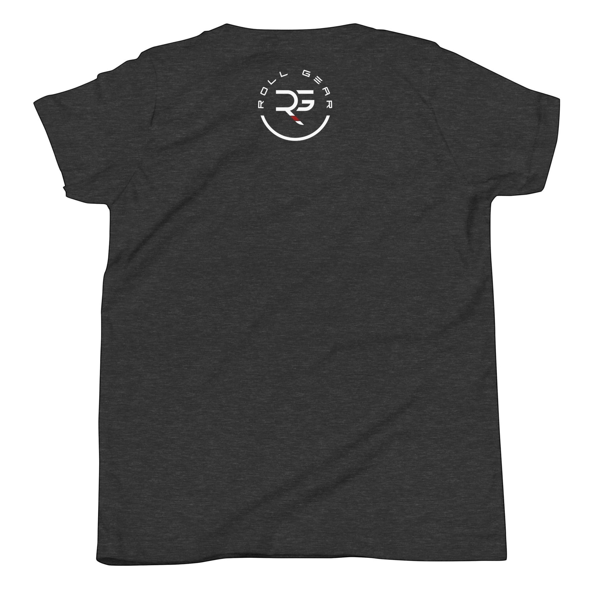 Roll Gear LLC youth athletic t-shirt in dark heather grey with a circular logo on the back featuring RG initials.