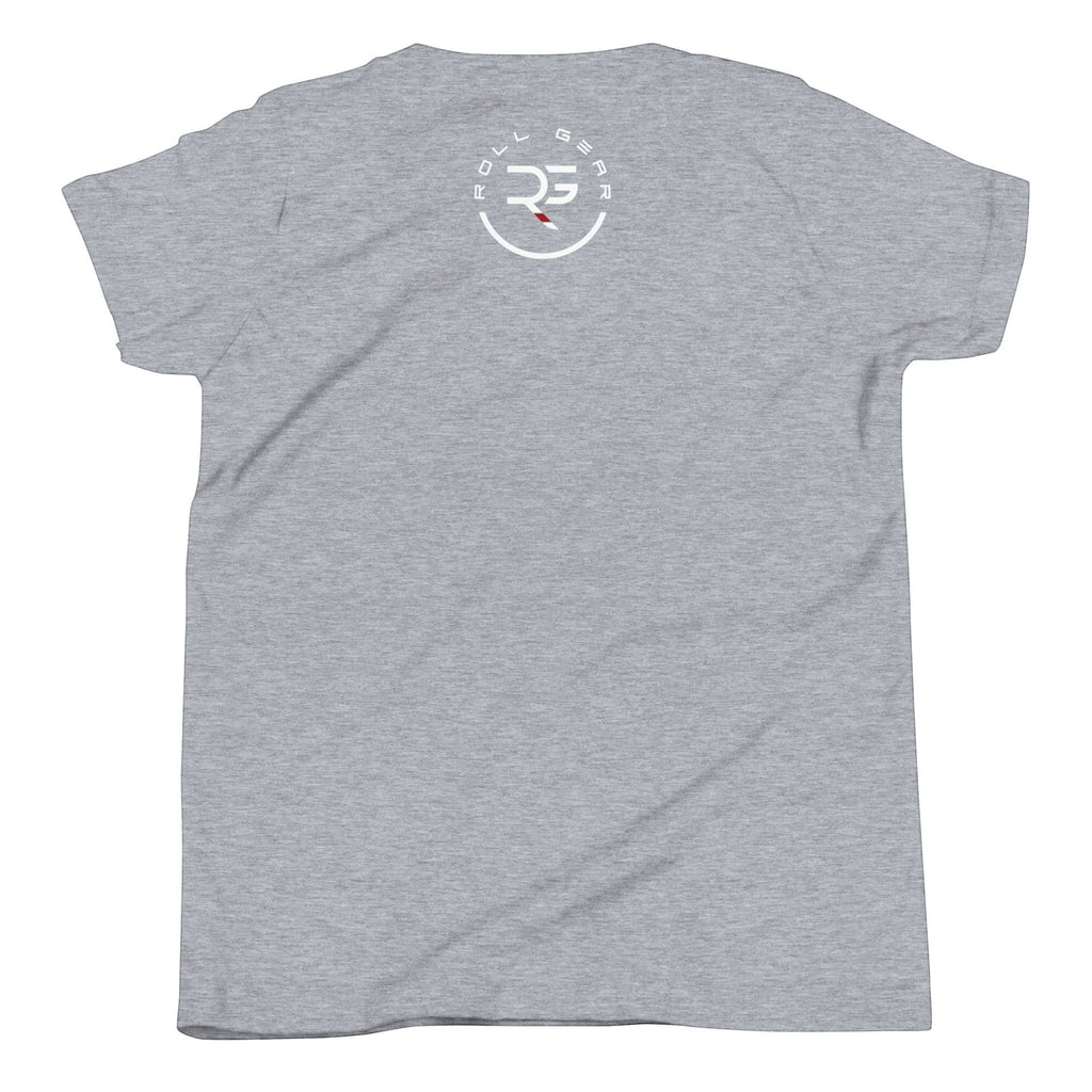 Roll Gear LLC youth athletic t-shirt in heather grey with a circular logo on the back.