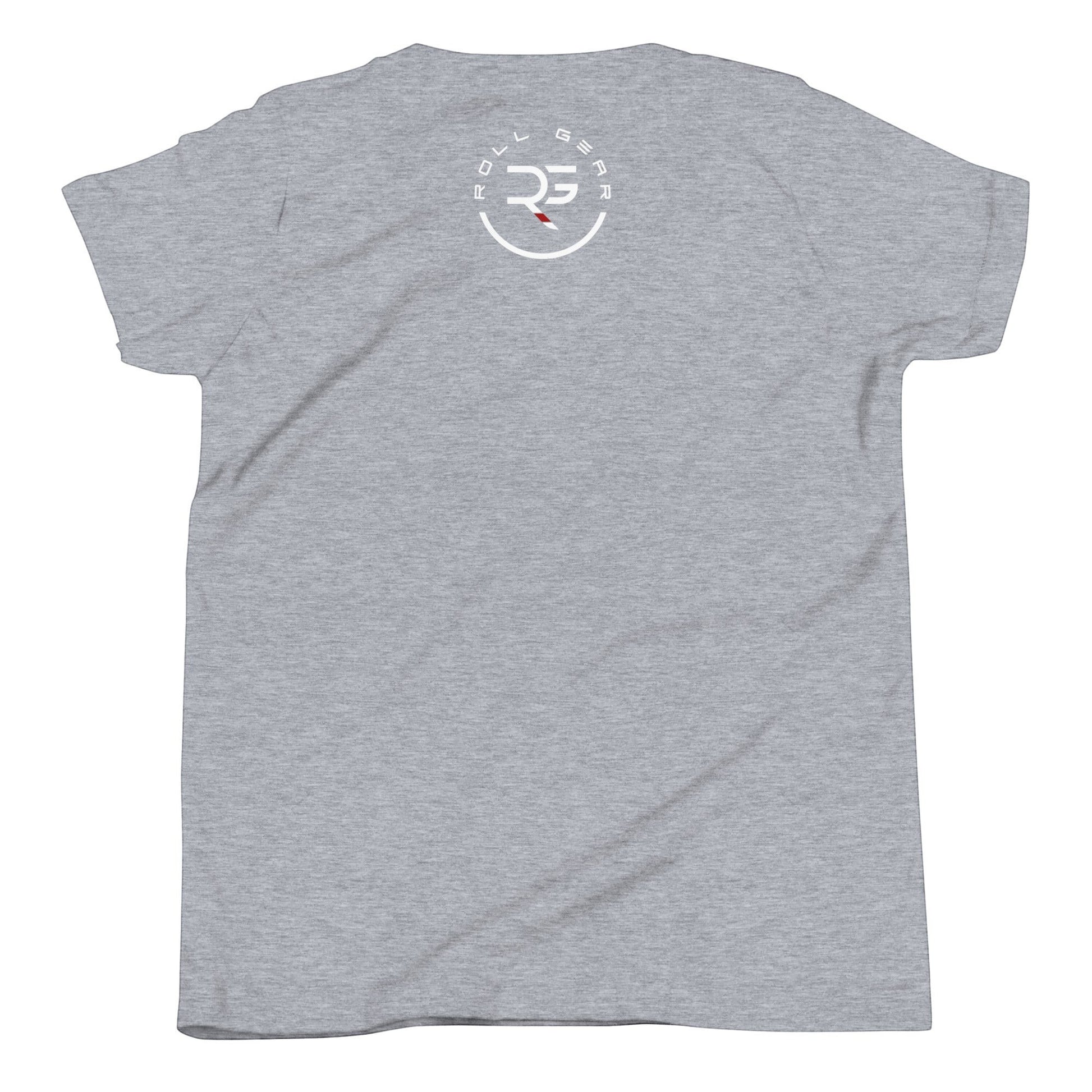 Roll Gear LLC youth athletic t-shirt in heather grey with a circular logo on the back.