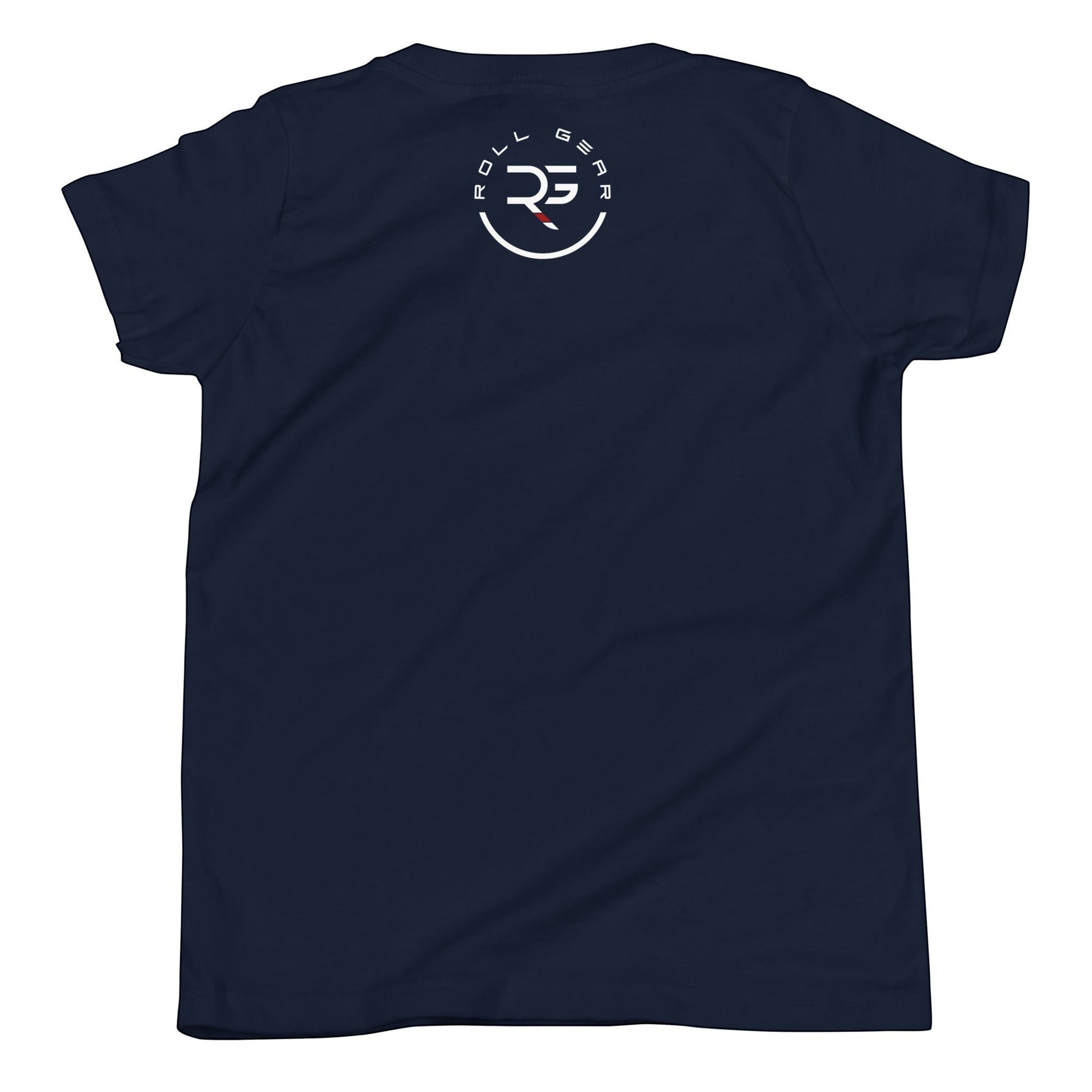 Roll Gear LLC youth navy blue athletic t-shirt with circular logo on back. Cotton blend.