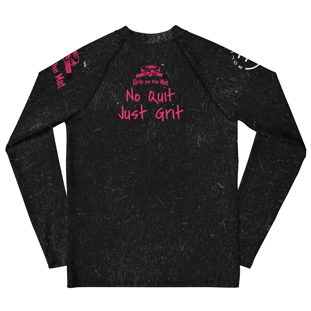 Roll Gear black long-sleeve youth BJJ rash guard with pink "No Quit Just Grit" graphic and belt design.