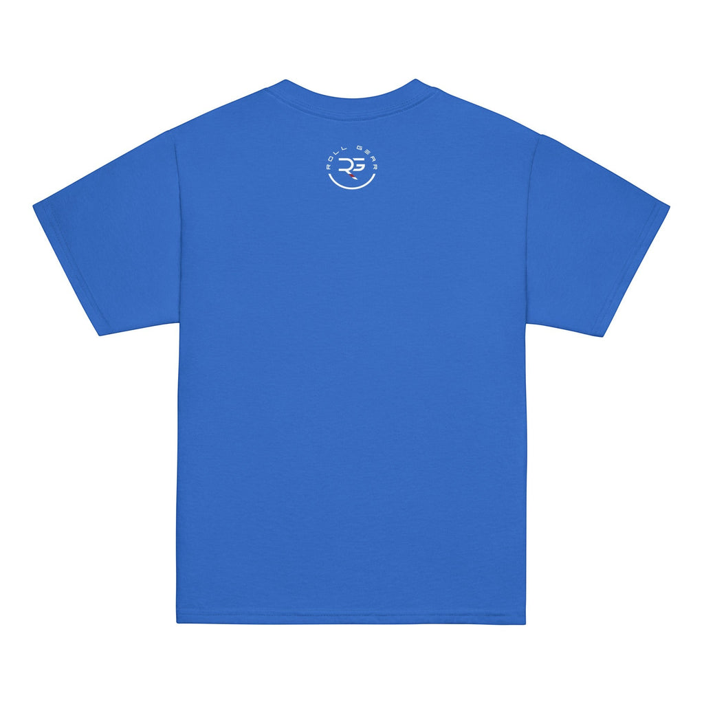 Roll Gear Earned Not Given Youth Tee, royal blue 100% cotton t-shirt with a small white logo on the back.