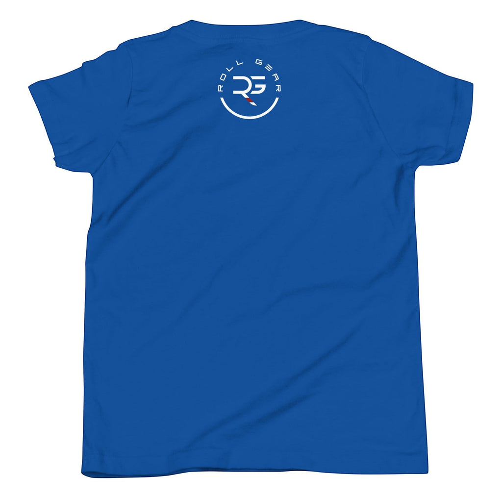 Roll Gear LLC youth blue graphic t-shirt with Earned Not Given logo on back. Cotton blend.