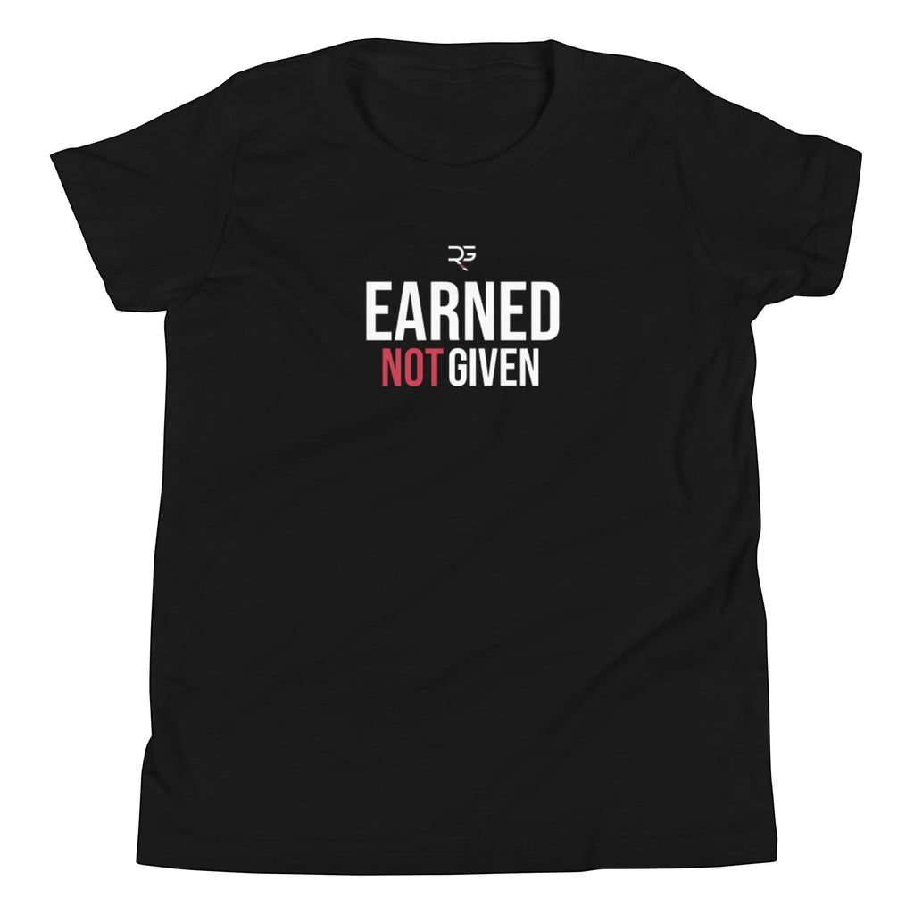 Roll Gear Youth Earned Not Given T-Shirt in black with white and red text graphic. Short sleeve, crew neck.