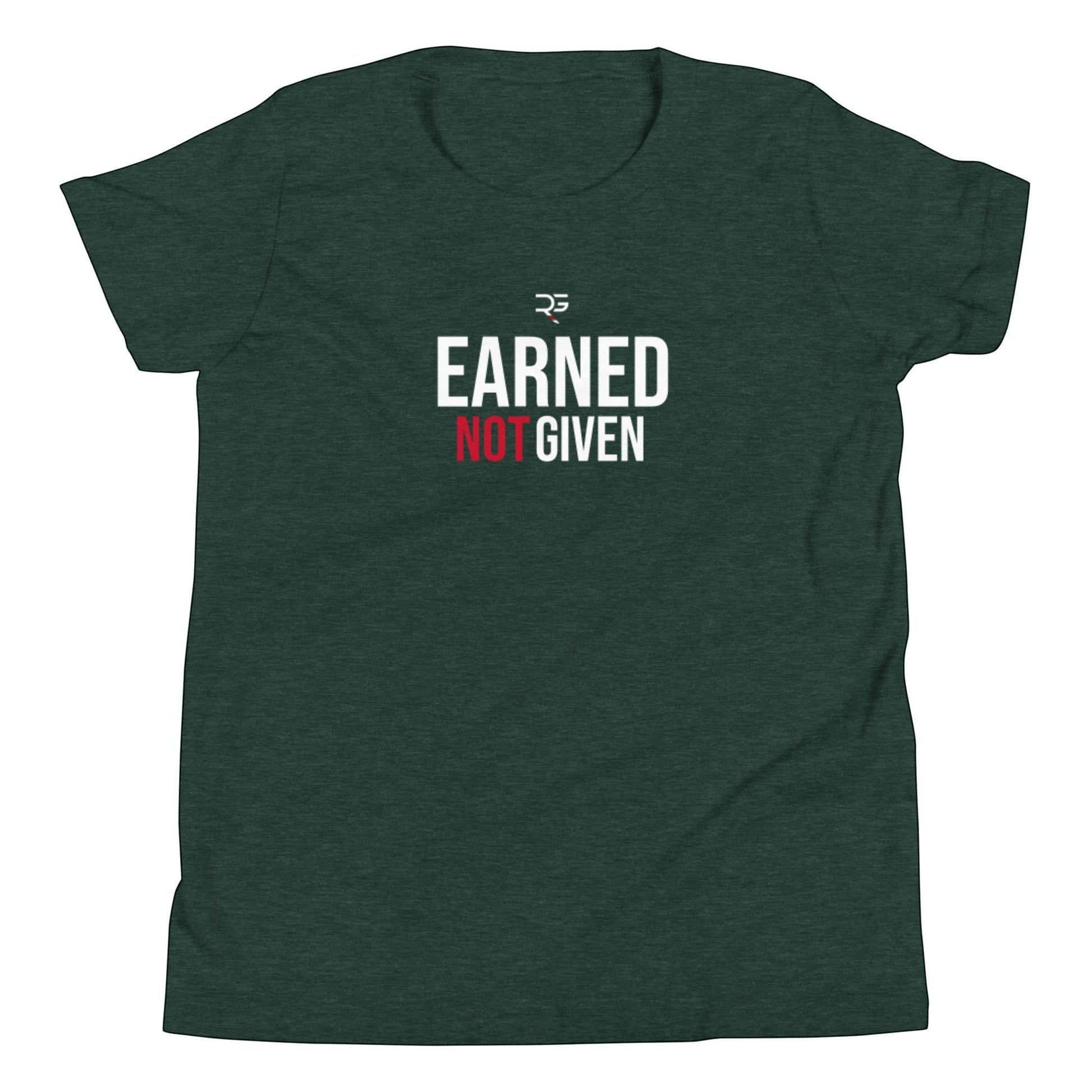 Roll Gear Youth Earned Not Given T-Shirt in dark green heather with white and red text graphic.