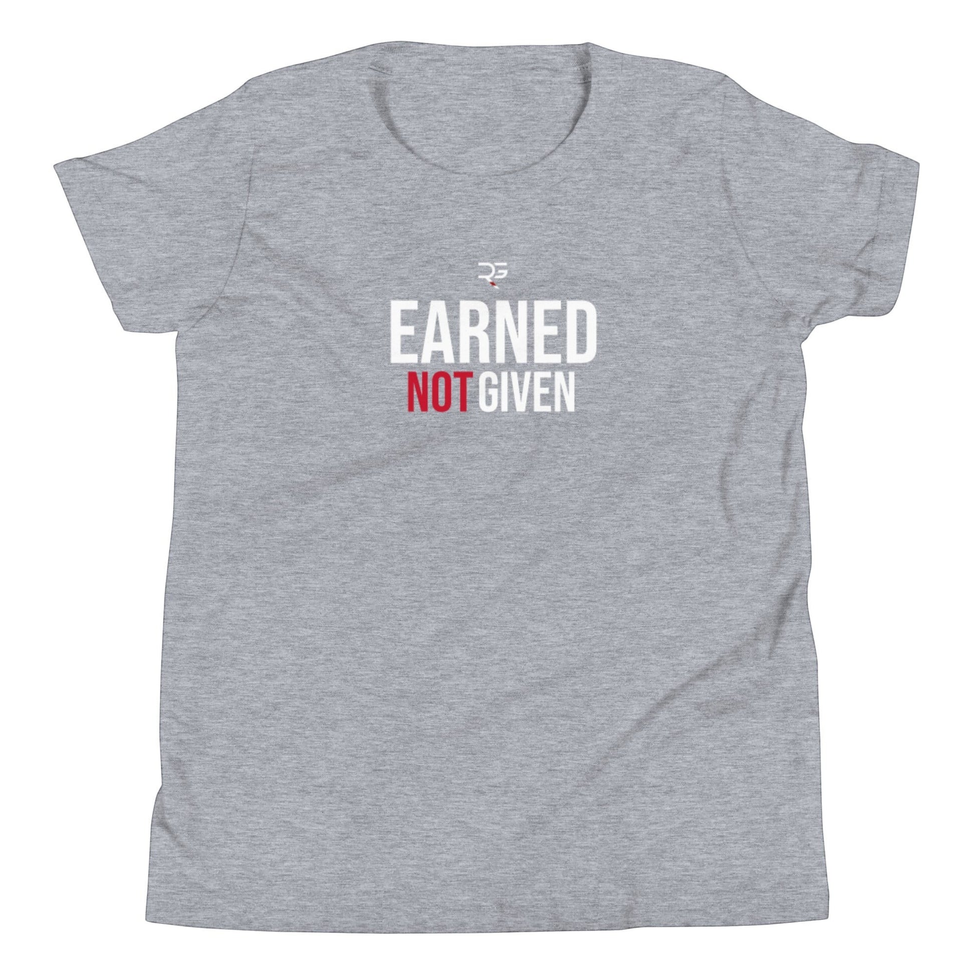 Roll Gear Youth Earned Not Given T-Shirt in heather grey with white and red text graphic.