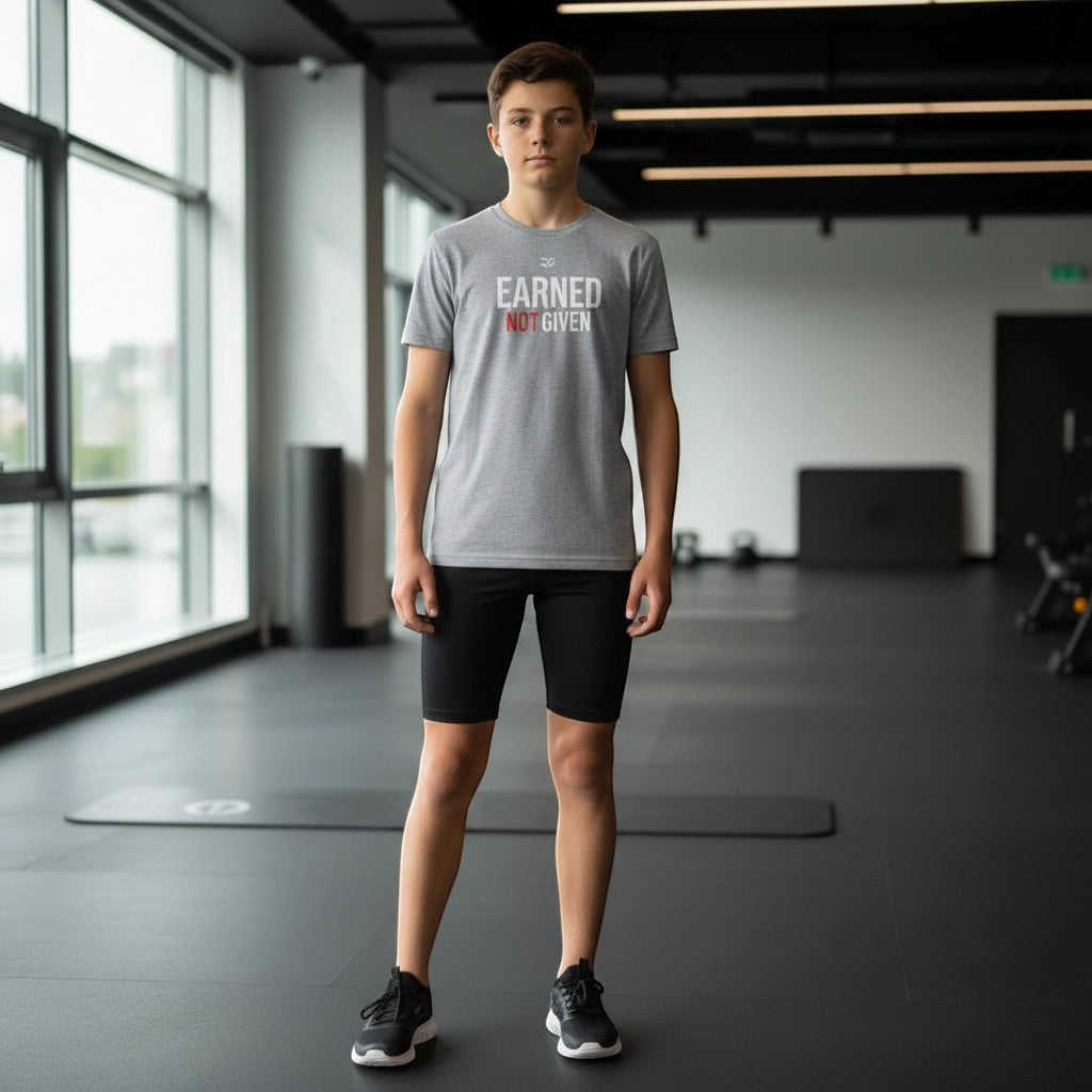 Roll Gear youth grey t-shirt with "EARNED NOT GIVEN" graphic in red and white, worn by a boy in a gym.