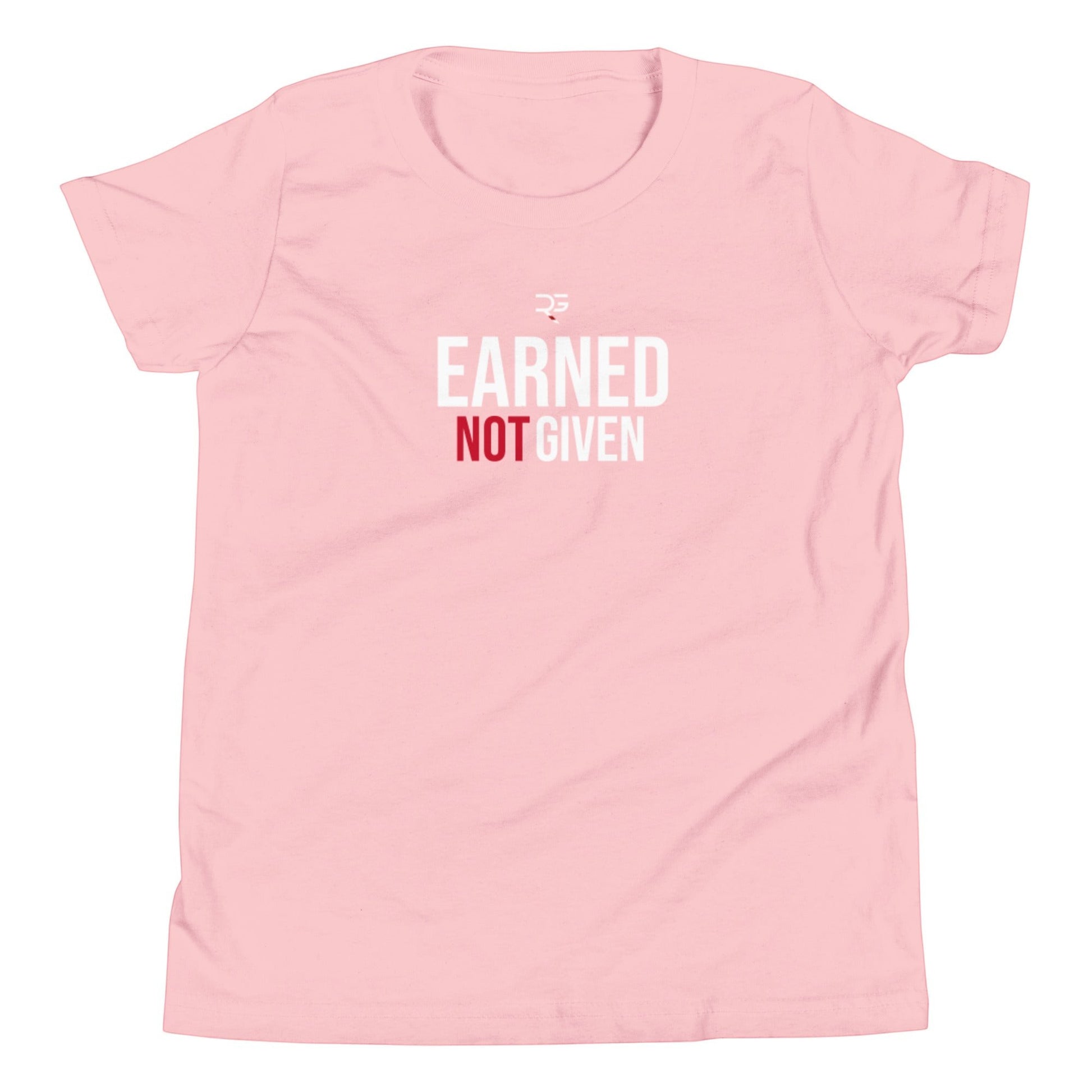 Roll Gear LLC youth t-shirt in light pink with "EARNED NOT GIVEN" graphic print. Short sleeves, crew neck.