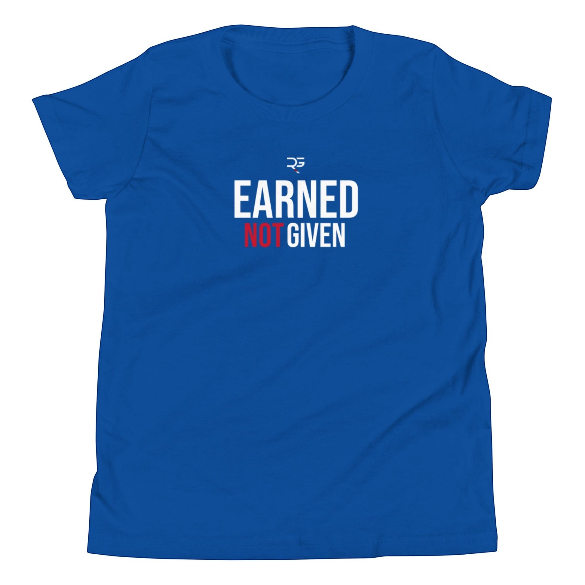 Roll Gear Youth Earned Not Given T-Shirt in royal blue with white and red text graphic. Short sleeve, crew neck.