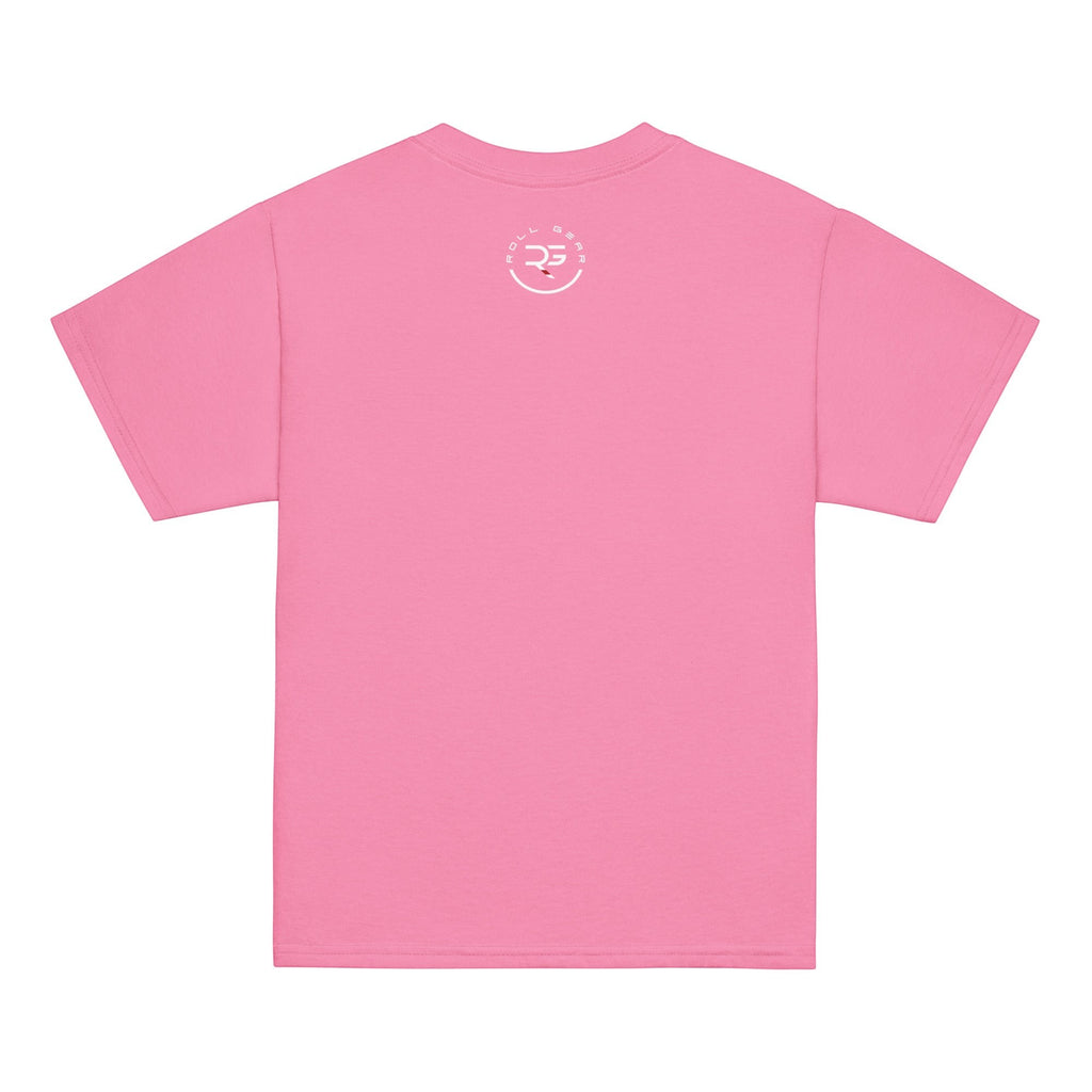Roll Gear youth unisex classic fit 100% cotton pink t-shirt with "Earned Not Given" graphic on back.