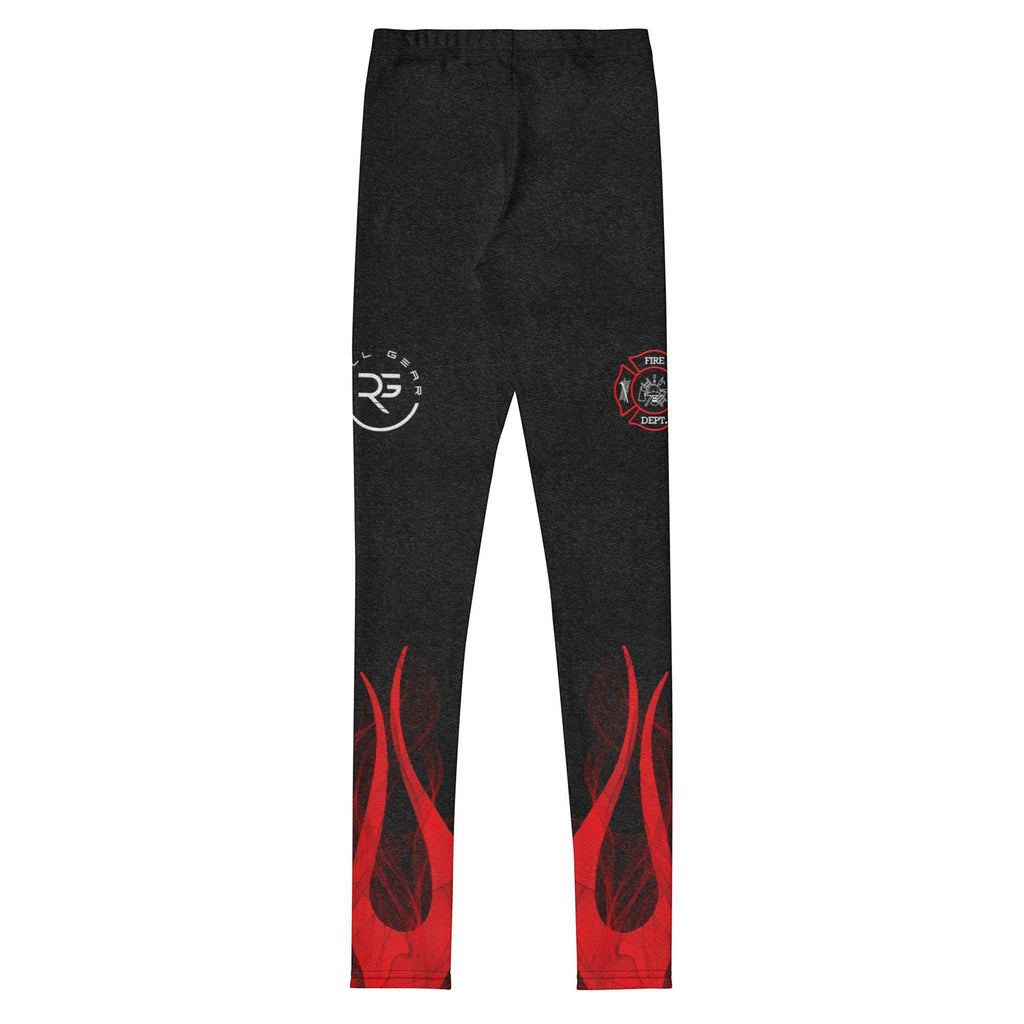 Roll Gear youth compression spats in black with red flames and fire department logo. Made of polyester and spandex.