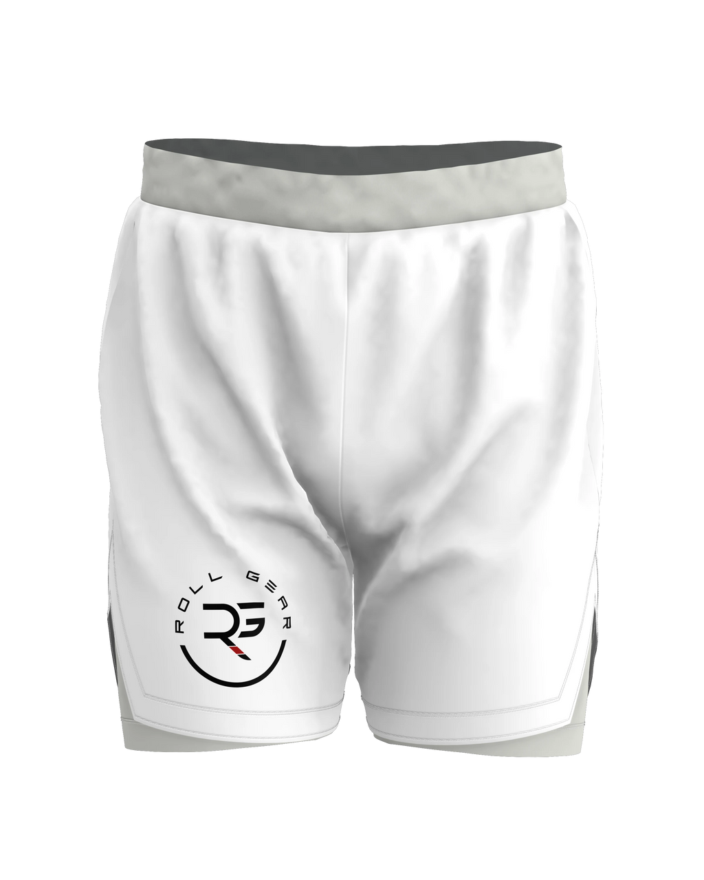 Roll Gear youth white grappling shorts with grey waistband and side panels, featuring the Roll Gear logo.