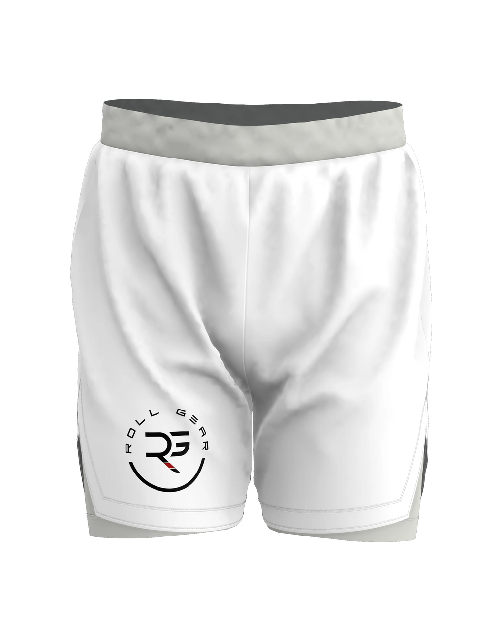 Roll Gear youth white grappling shorts with grey waistband and side panels, featuring the Roll Gear logo.