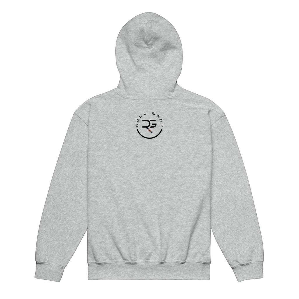 Roll Gear youth heavyweight hoodie in heather grey, 50% cotton/50% polyester, with a double-lined hood and front pouch pocket.