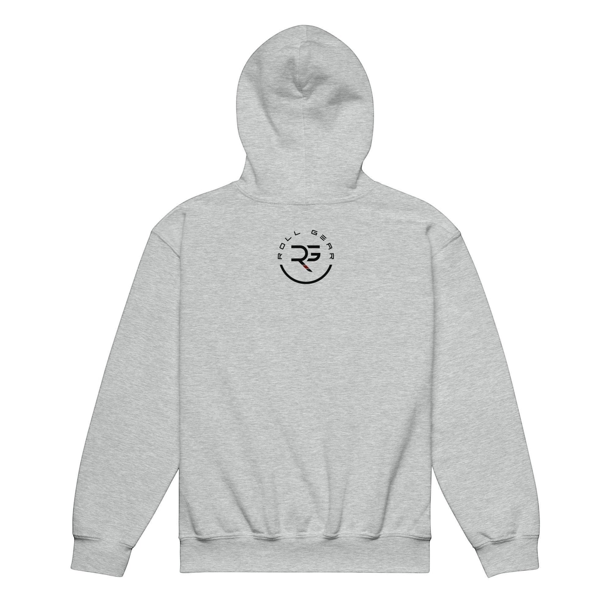 Roll Gear youth heavyweight hoodie in heather grey, 50% cotton/50% polyester, with a double-lined hood and front pouch pocket.