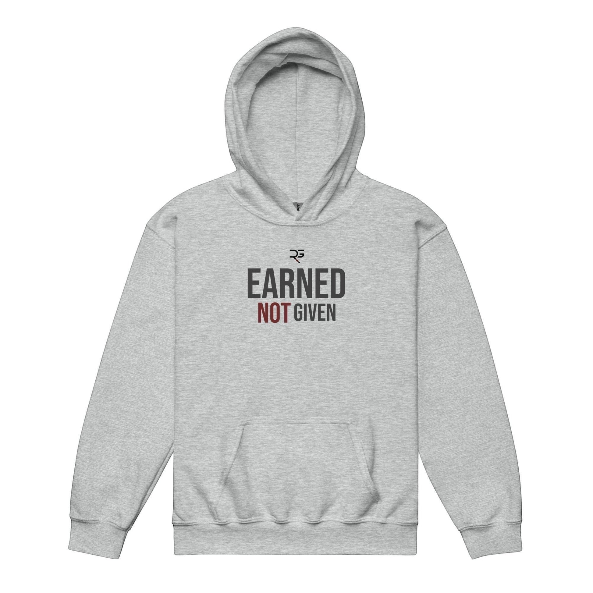 Roll Gear youth heavyweight grey hoodie with "Earned Not Given" graphic print on front. 50% cotton, 50% polyester.